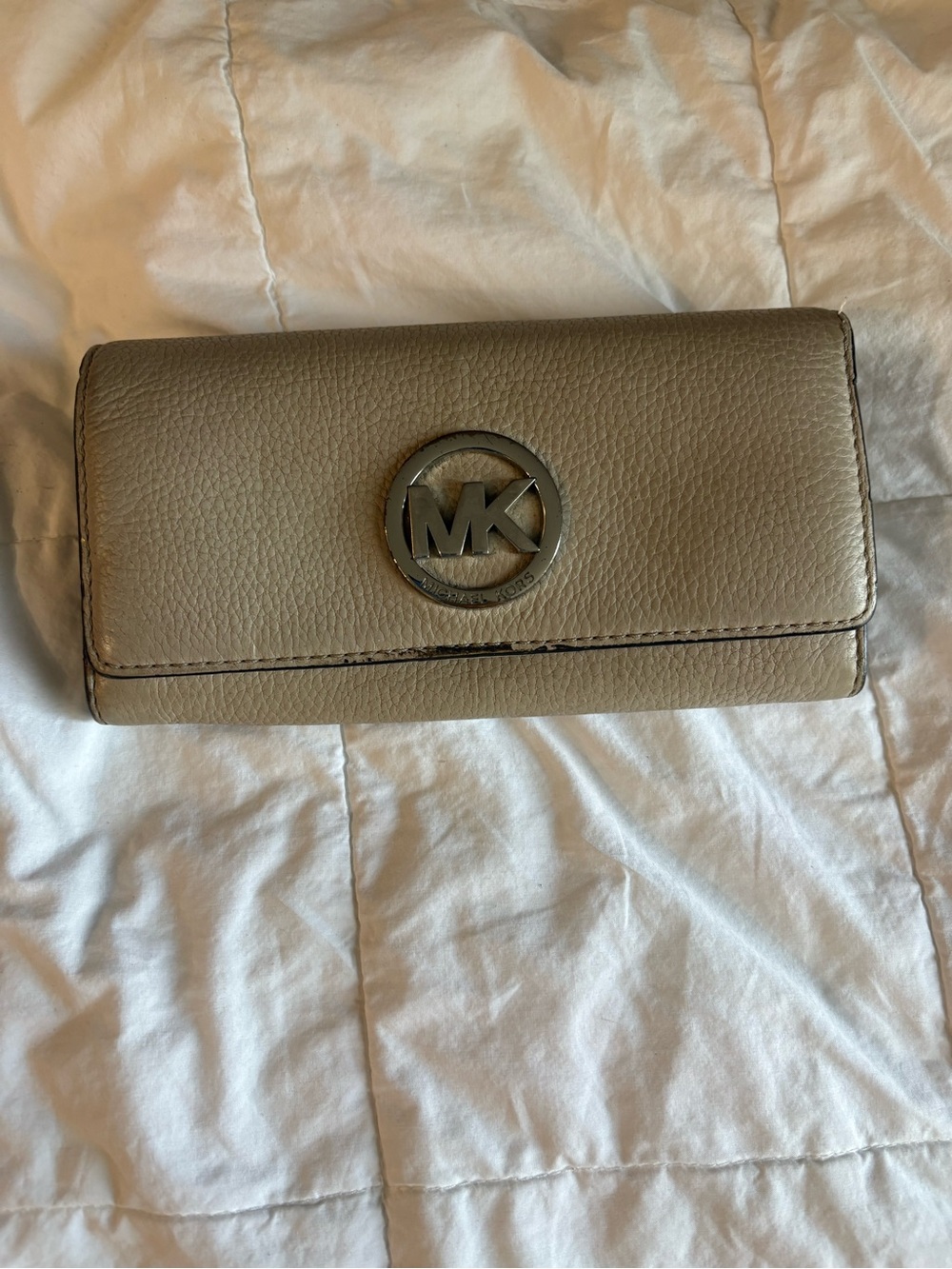 Michael Kors Beige Pebbled Leather Continental Wallet with Silver MK Logo